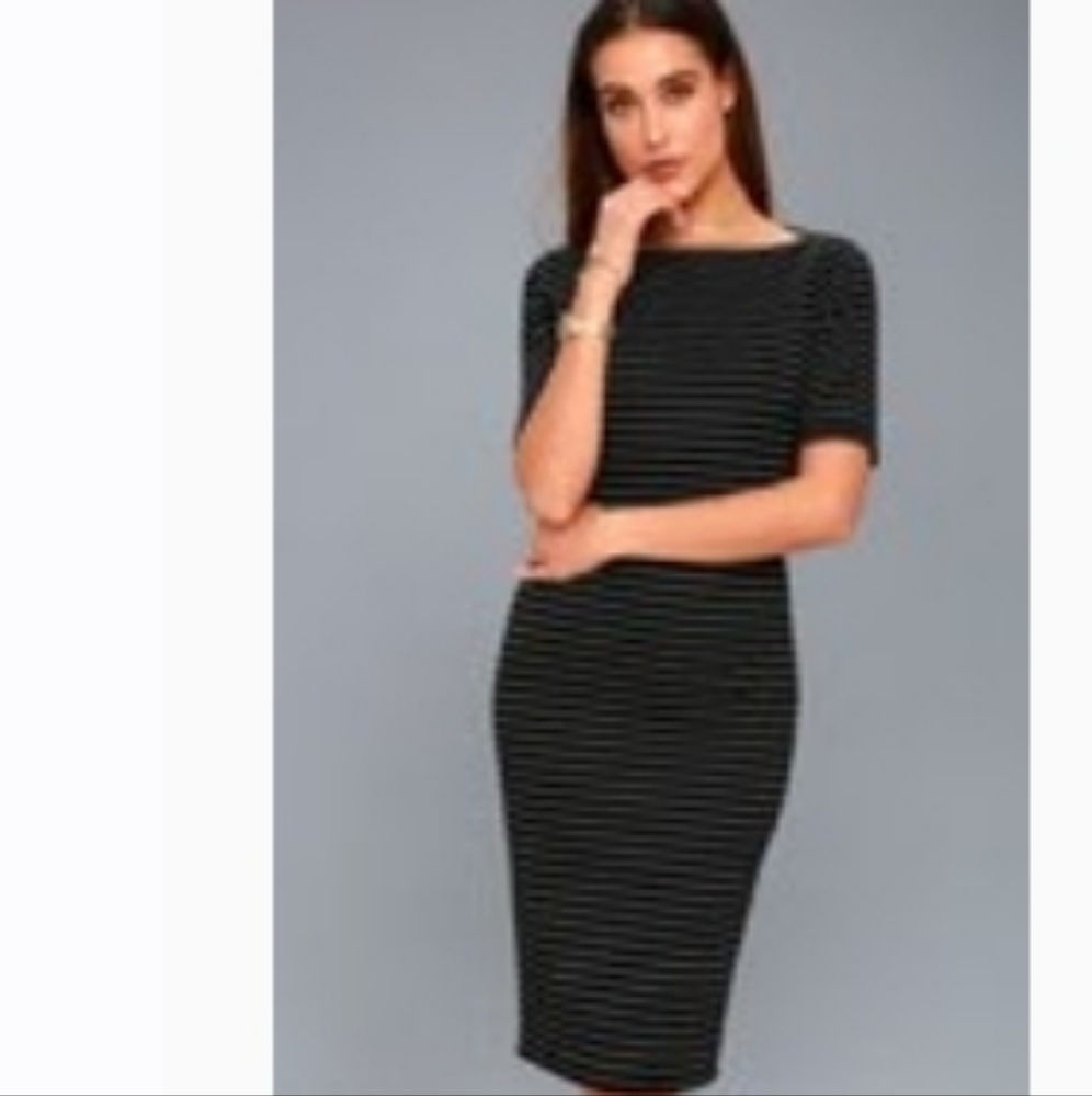 Lulus West Village Blacked Striped Bodycon Midi Dress, size XS